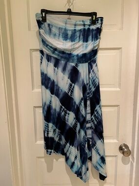 Boston Proper Navy and Light Blue Tie-Dye Strapless Dress